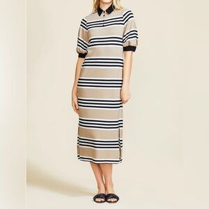 Pearl by Lela Rose Striped Jersey Knit Button Collar Midi Shirt Dress